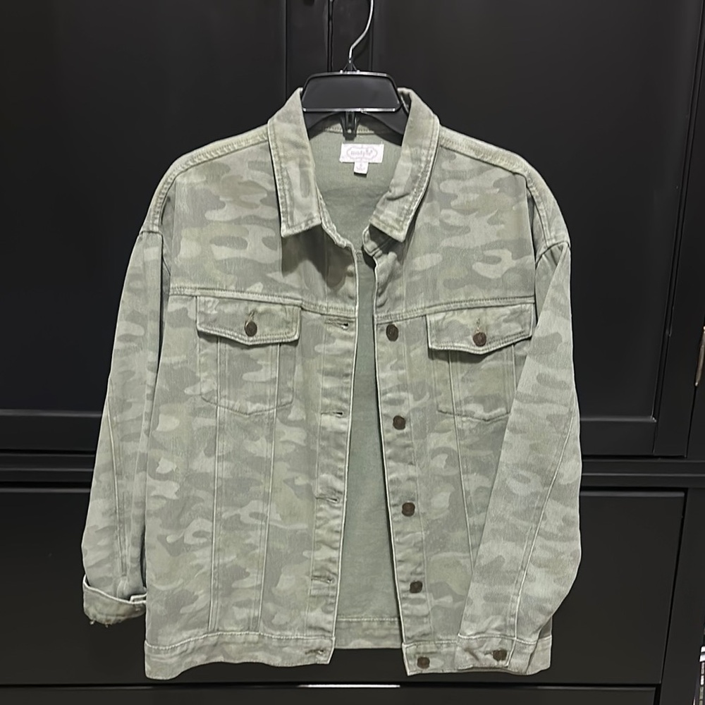 Mud Pie Green oversized Jean Jacket with Modern Camouflage